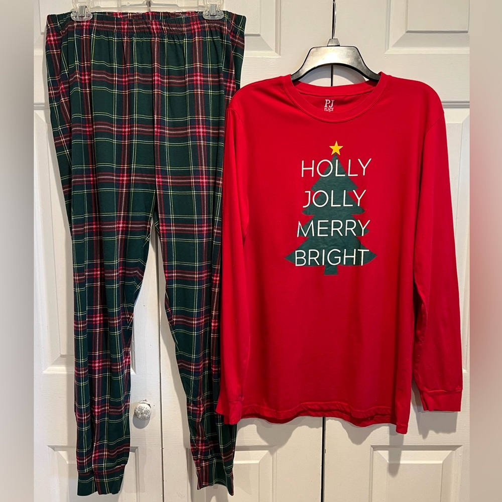 2 Pc X-Mas PJ Set🎄 by PJ PLACE - Red & Green Plaid Jogger Style Pants & Red Top